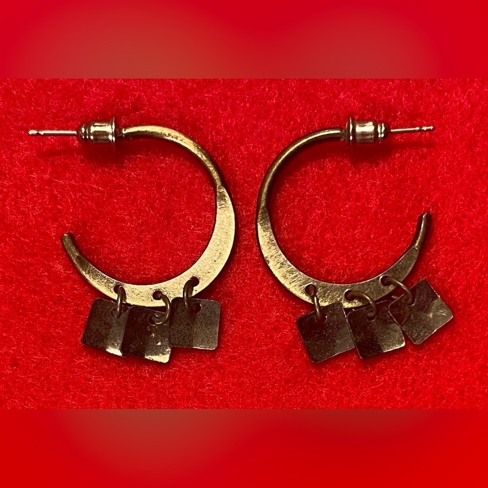 Earrings Gold Pewter Tone Pierced Dangly Rectangular Charms Oxidized Vintage